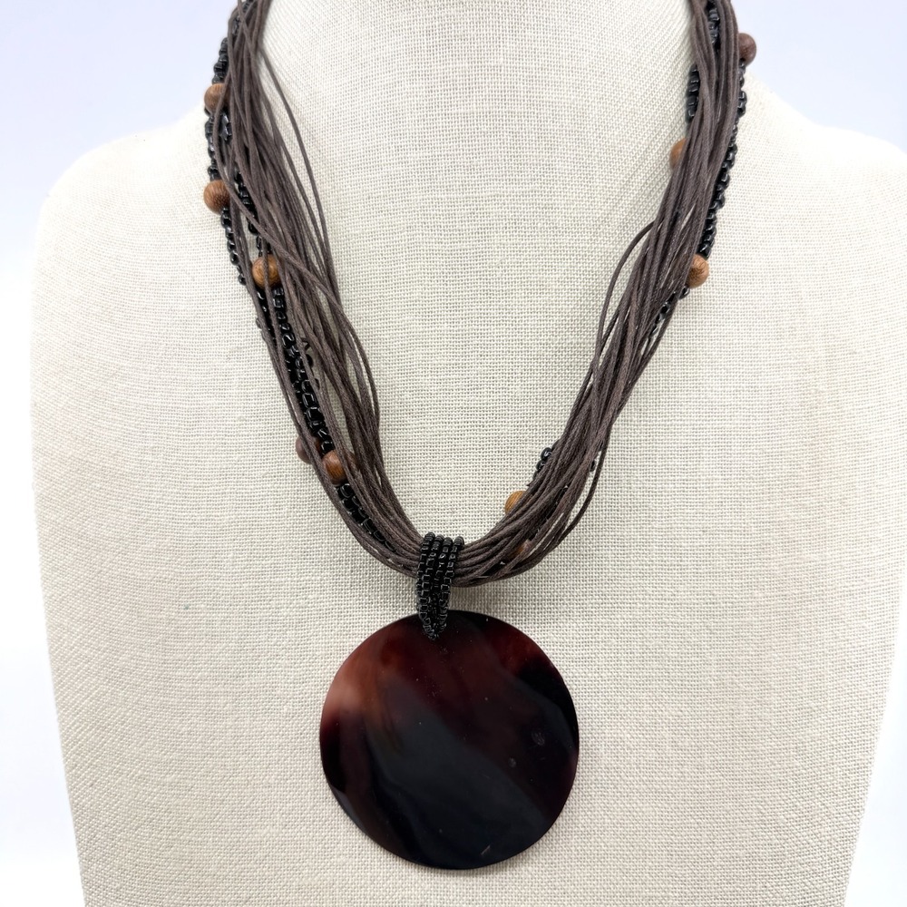 Boho Multi Strand Necklace Dark Brown Disc Pendant Statement Layering Accessory